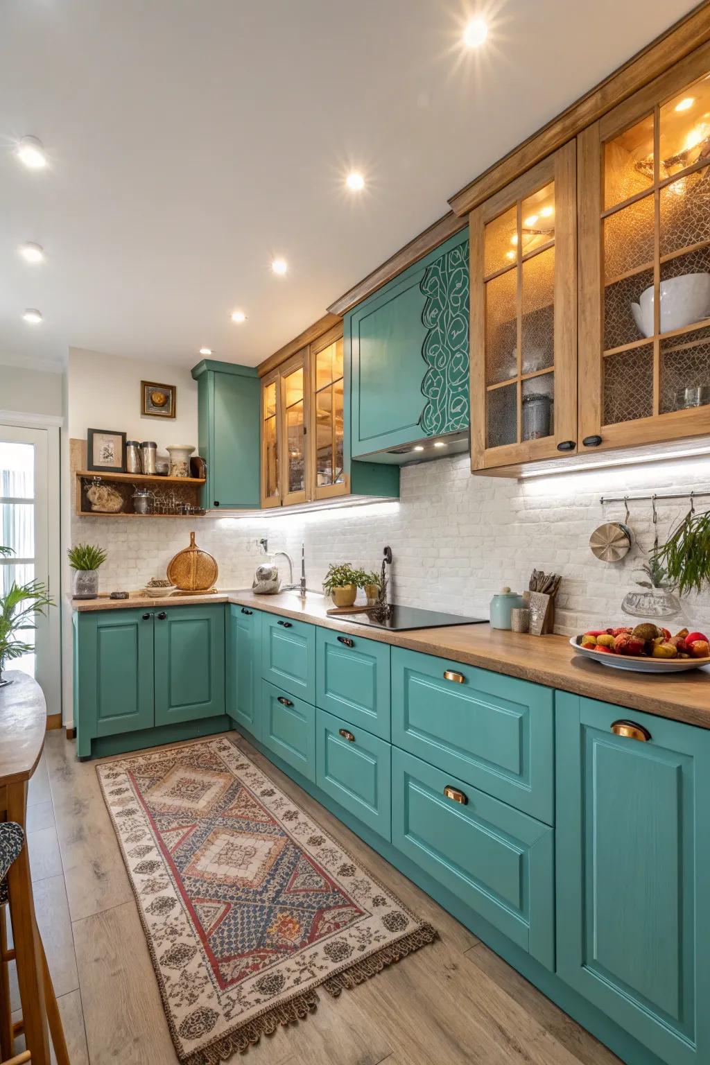 Azure cabinets bring a revitalizing splash of color to this kitchen.