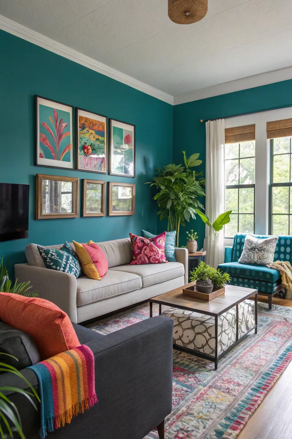 A living room revitalized with a striking cerulean accent wall and bright decorations.