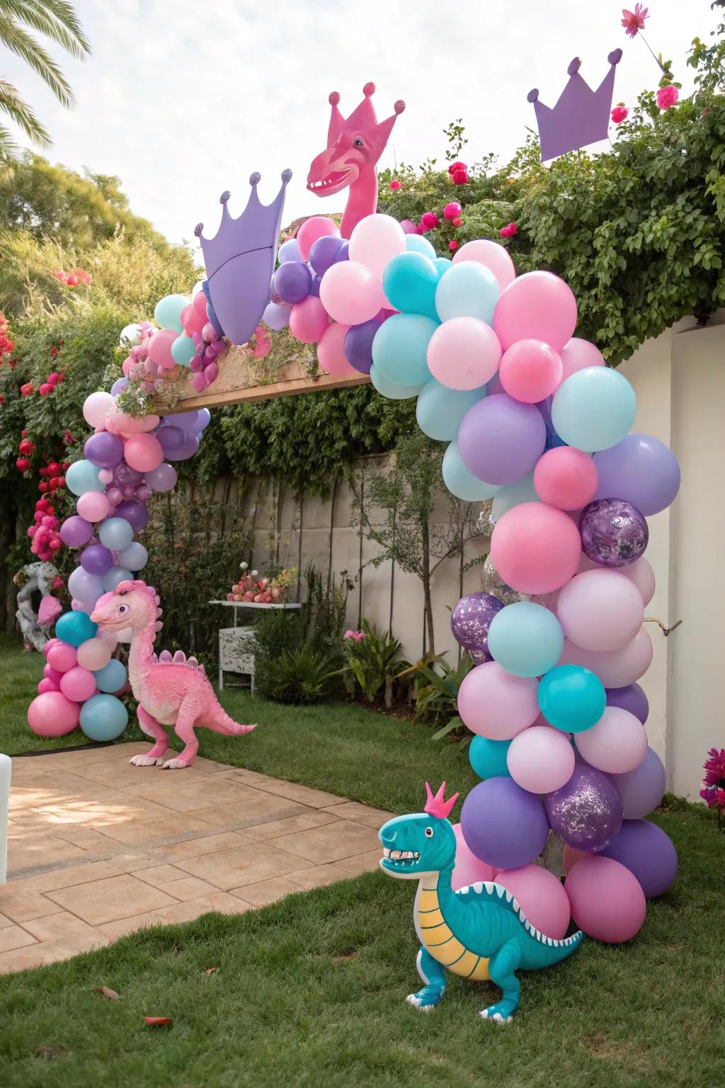A whimsical balloon arch combining different party themes.