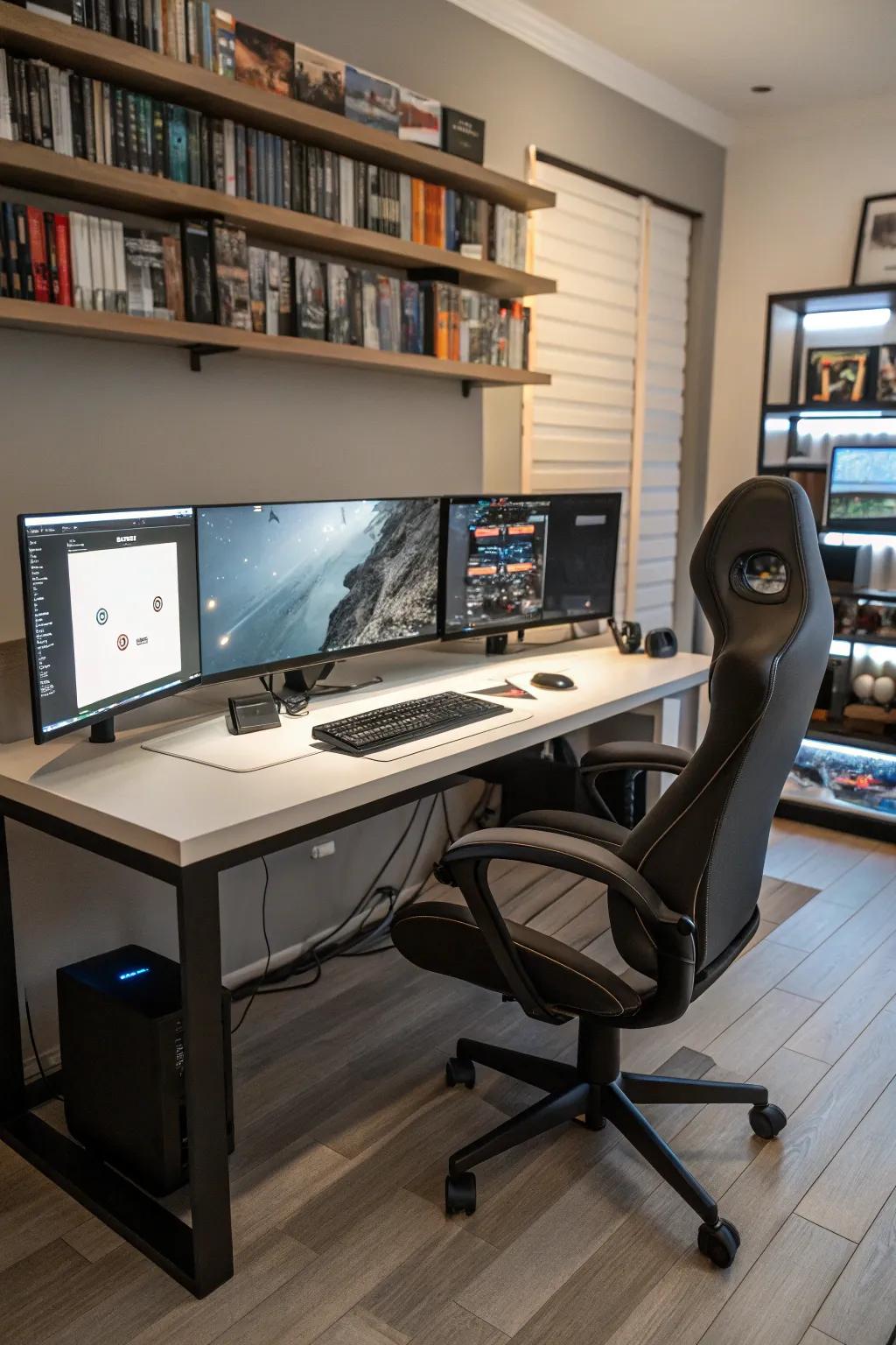 A refined computer arrangement showcasing triple monitors for improved efficiency.