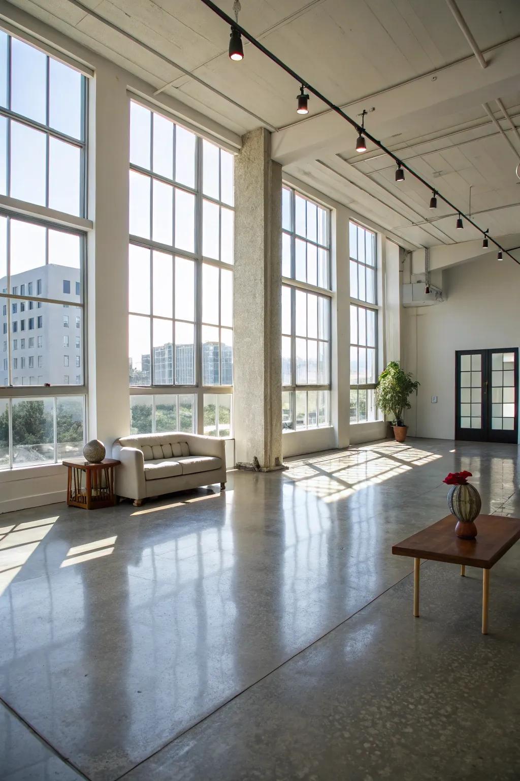 The glossy concrete floors lend a sophisticated shine to this spacious room.