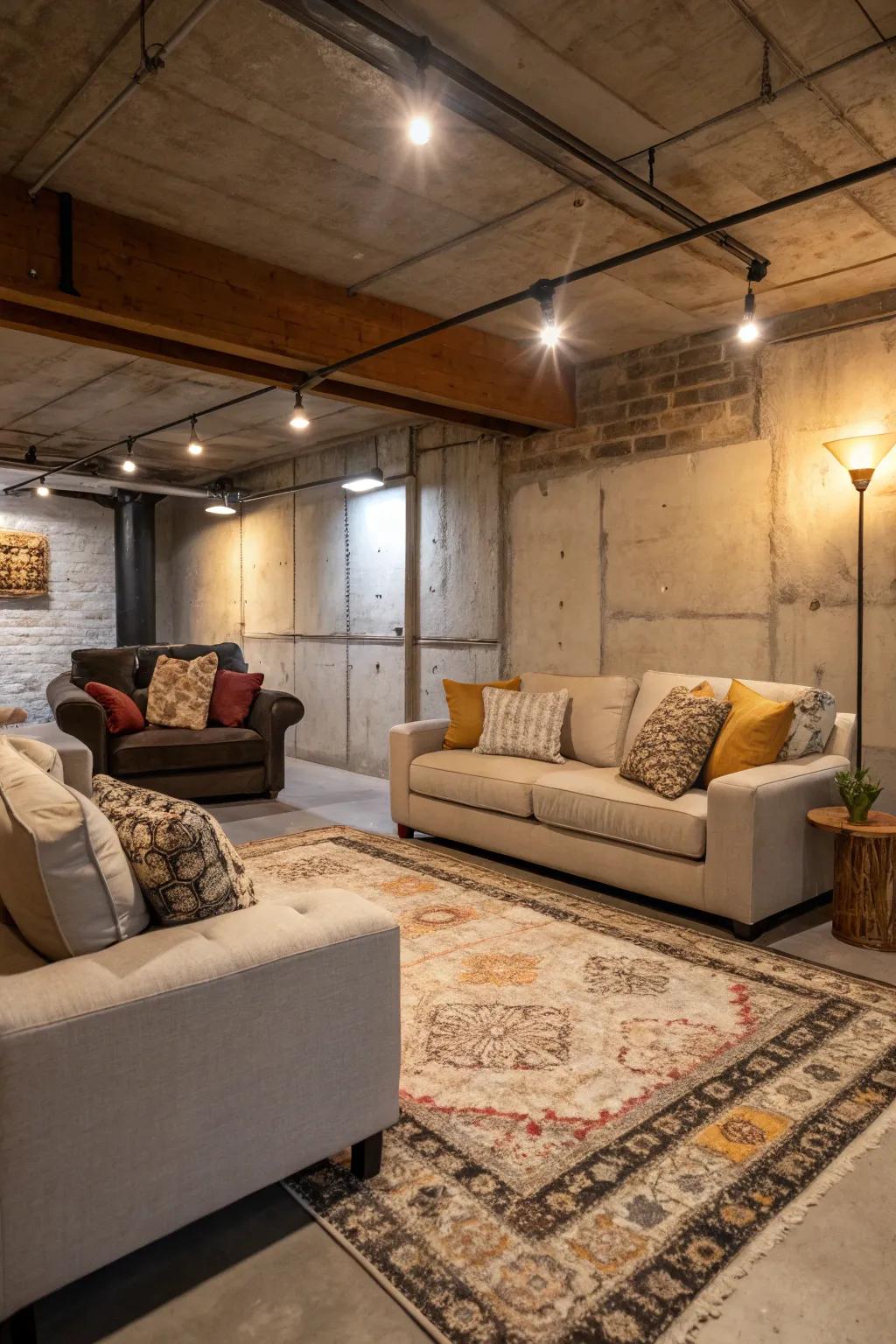 Clearly define your area with comfortable seating and a warming rug.