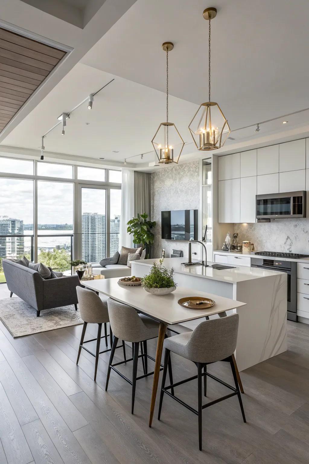 A fluid layout encourages a seamless connection linking cooking and living areas.