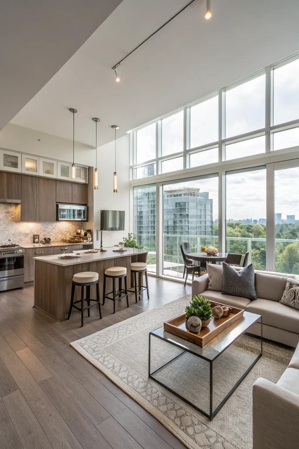 An open concept condominium interior featuring integrated kitchen, dining, and living spaces.