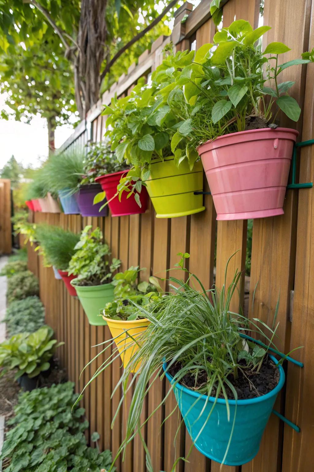 A gorgeous green wall using vibrantly colored planters.