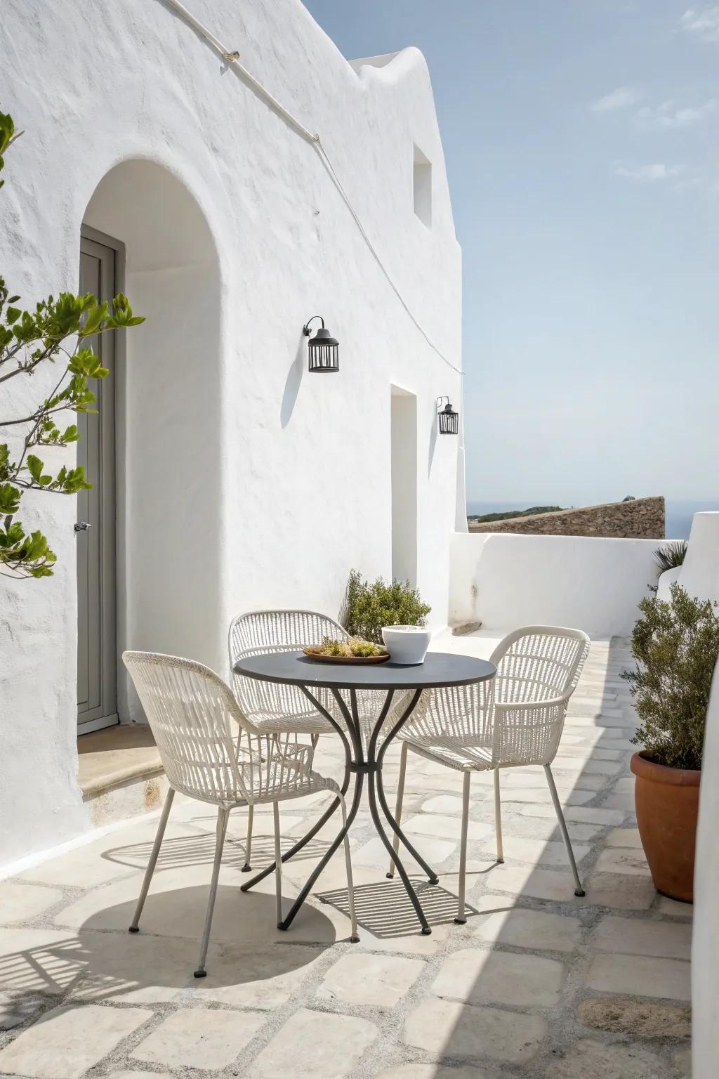 A minimalist patio showcasing elegant furniture and a peaceful ambiance.