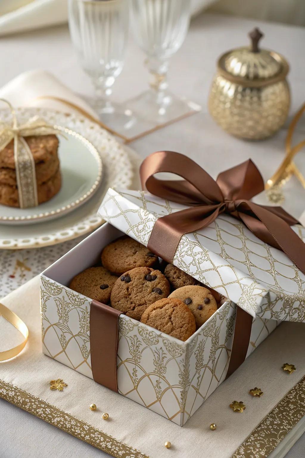 Elegant presentation boxes transform cookies into a sophisticated gift.