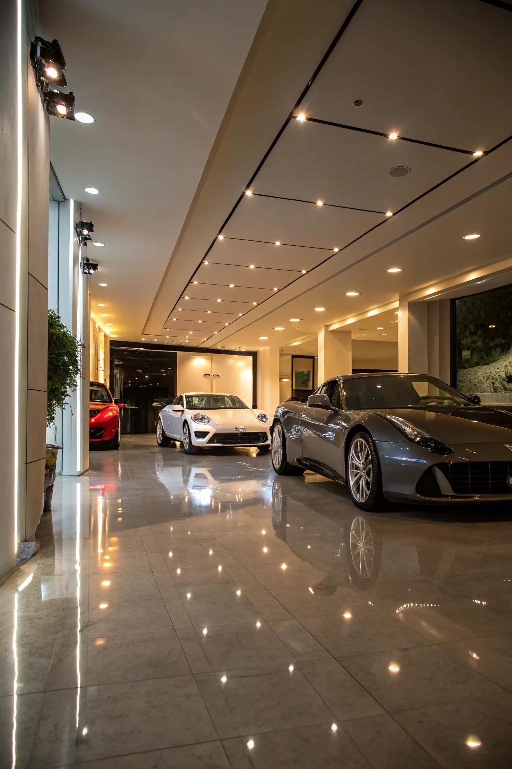 A luxury showroom-style garage featuring polished floors and soft, ambient lighting.