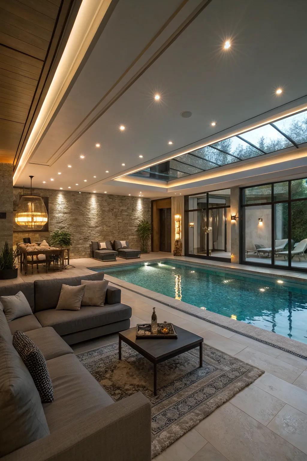 A tranquil indoor pool oasis designed for maximum relaxation.