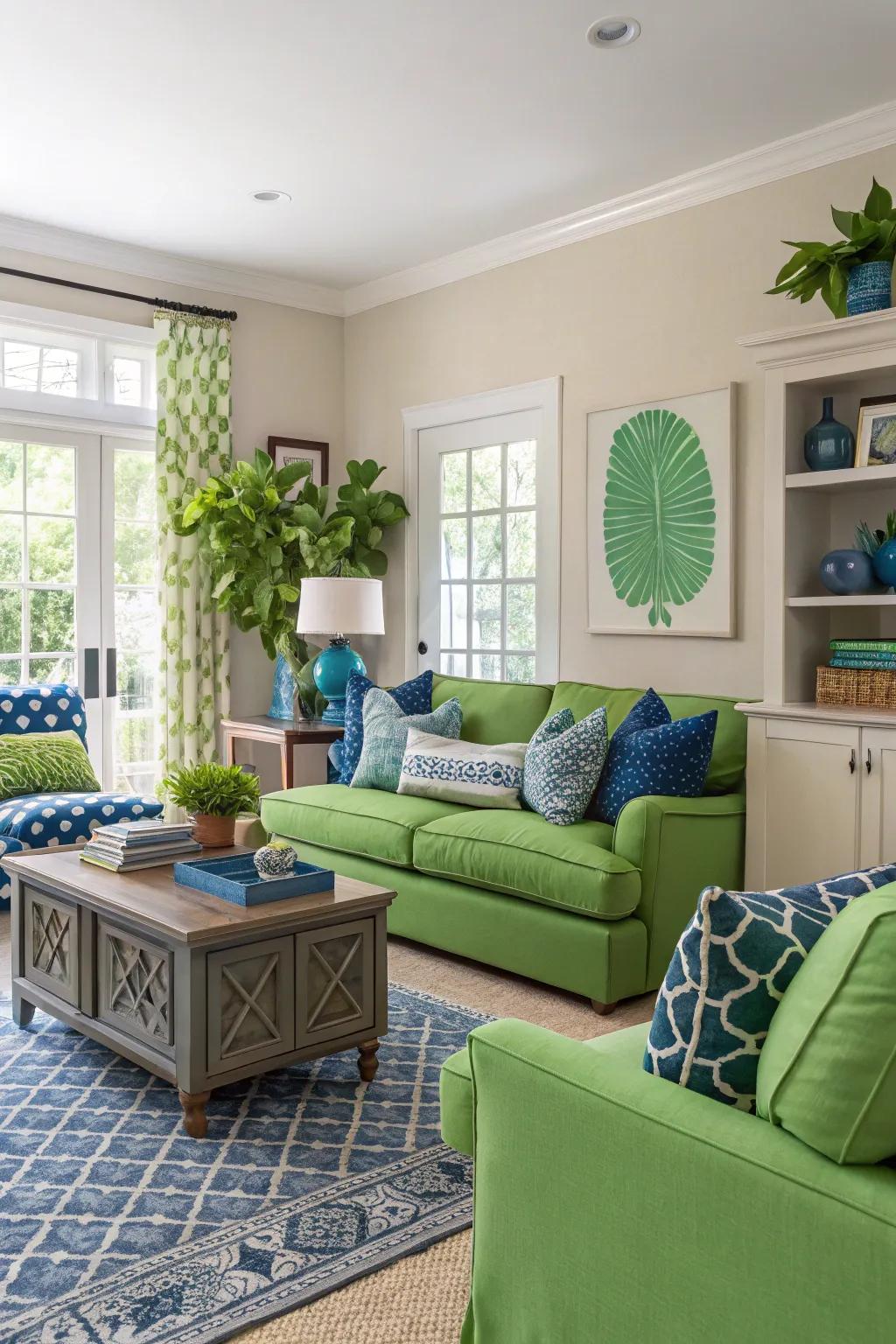 A lively living area presents a combination of striking and gentle colors, promoting an energetic vibe.