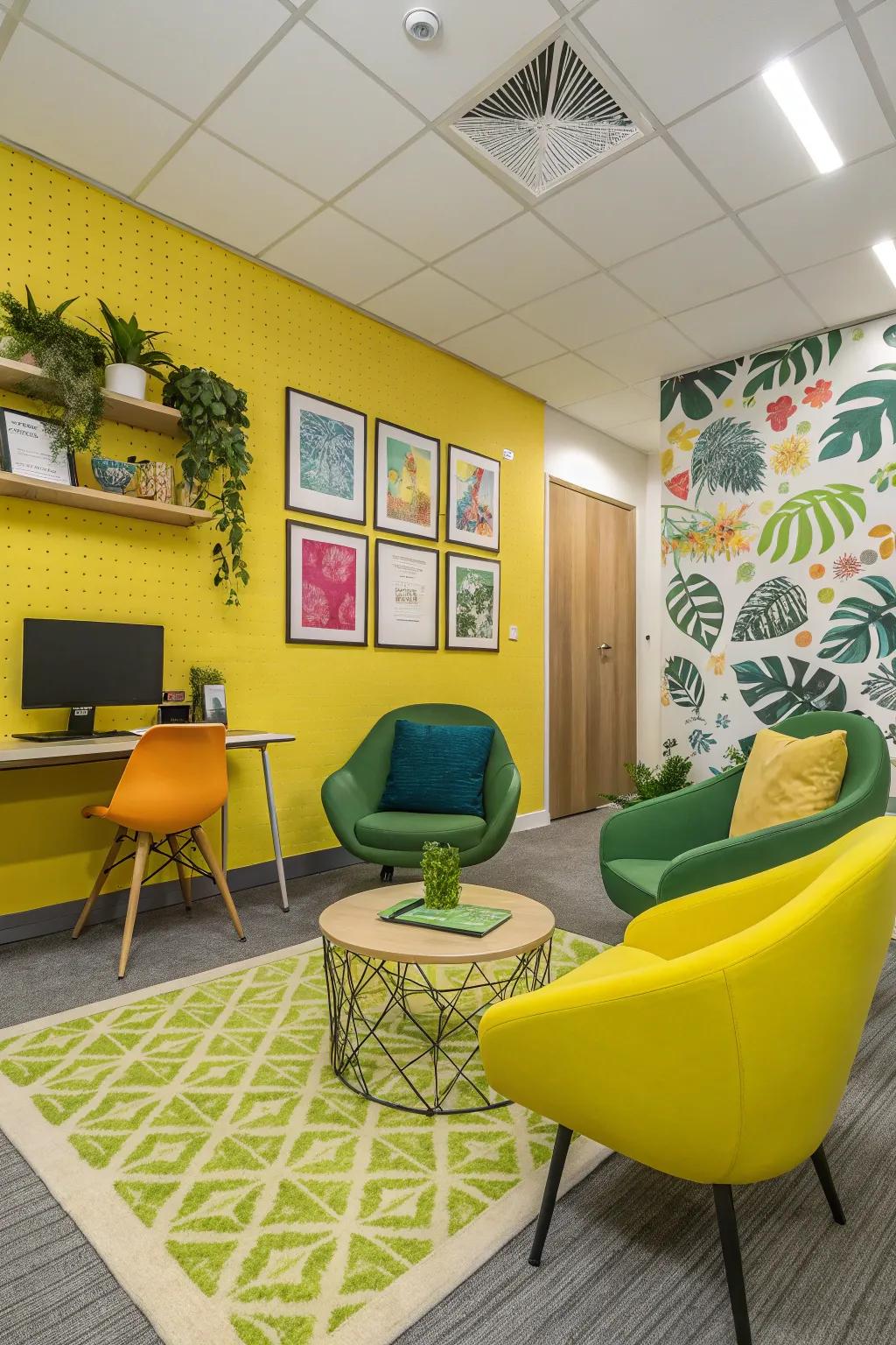 Office space showcasing vibrant yellow and green details for a lively ambiance.