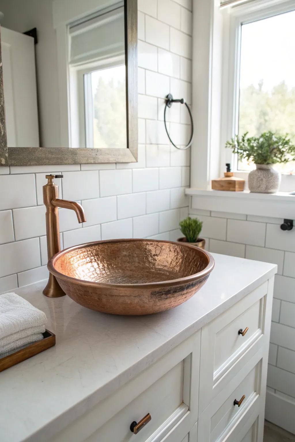This copper vessel sink is a beautiful piece of art in a bright, minimalist bathroom.
