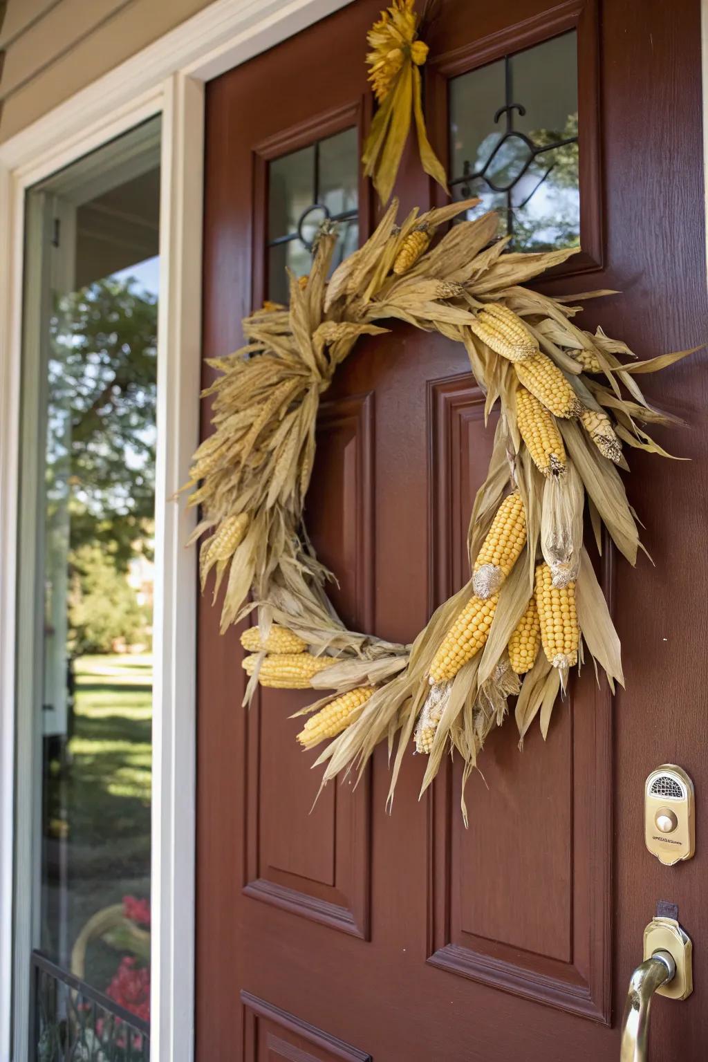 An inviting field maize garland embellishing a front entrance.