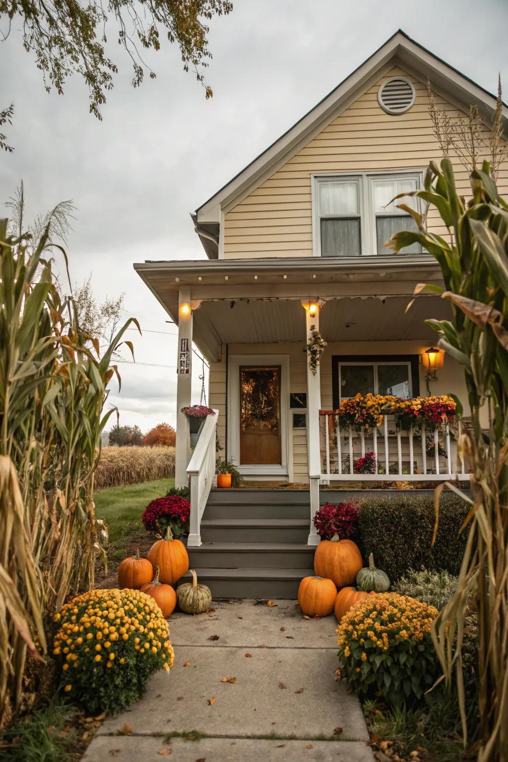 Design an enchanting and inviting entrance using corn stalks coupled with seasonal features.