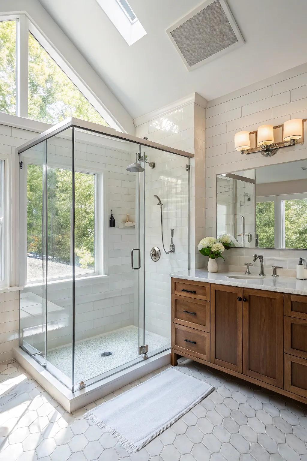 A corner shower with a glass surround amplifies space and light.