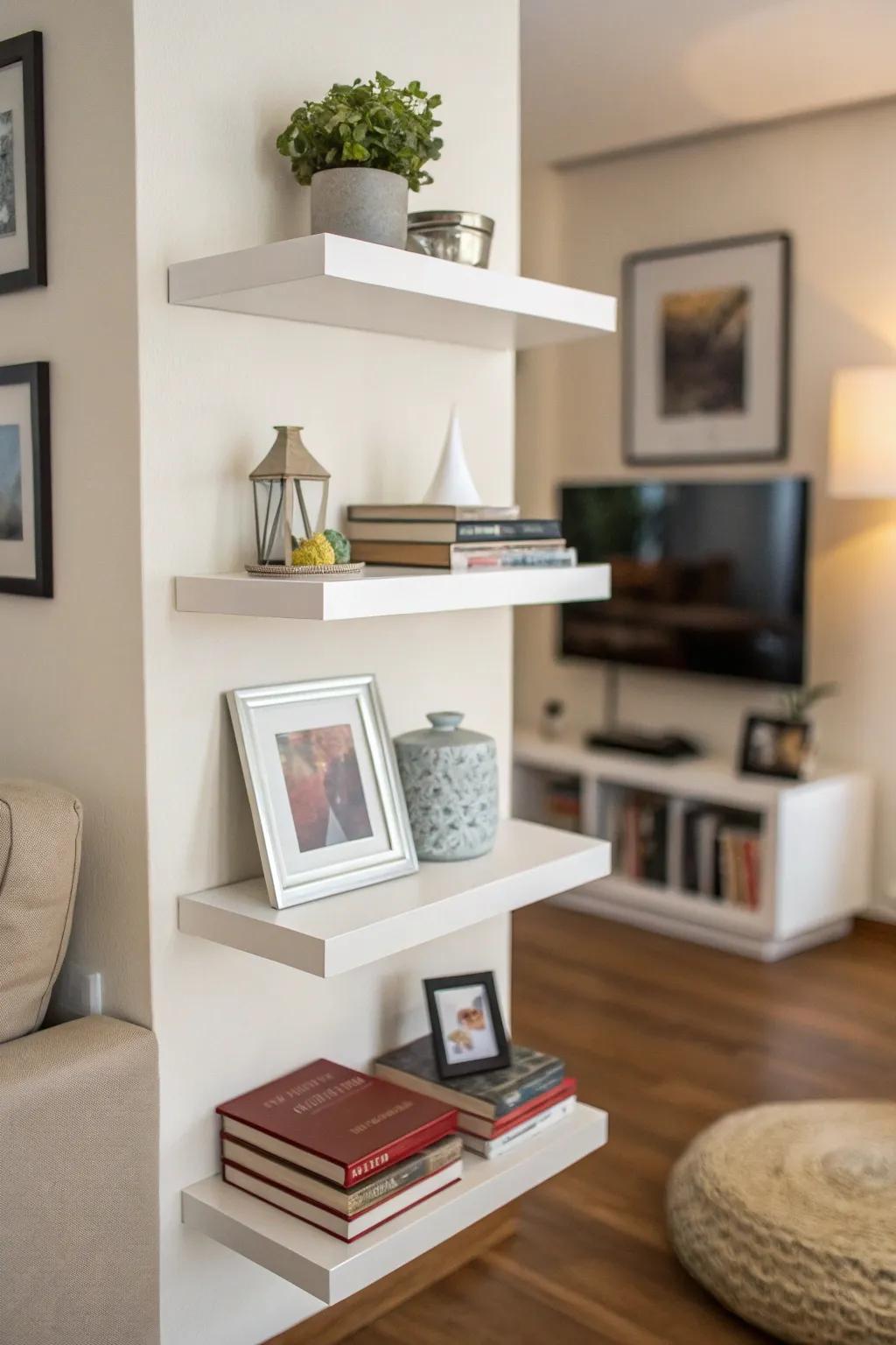 Floating corner shelves introduce a dash of contemporary sophistication.