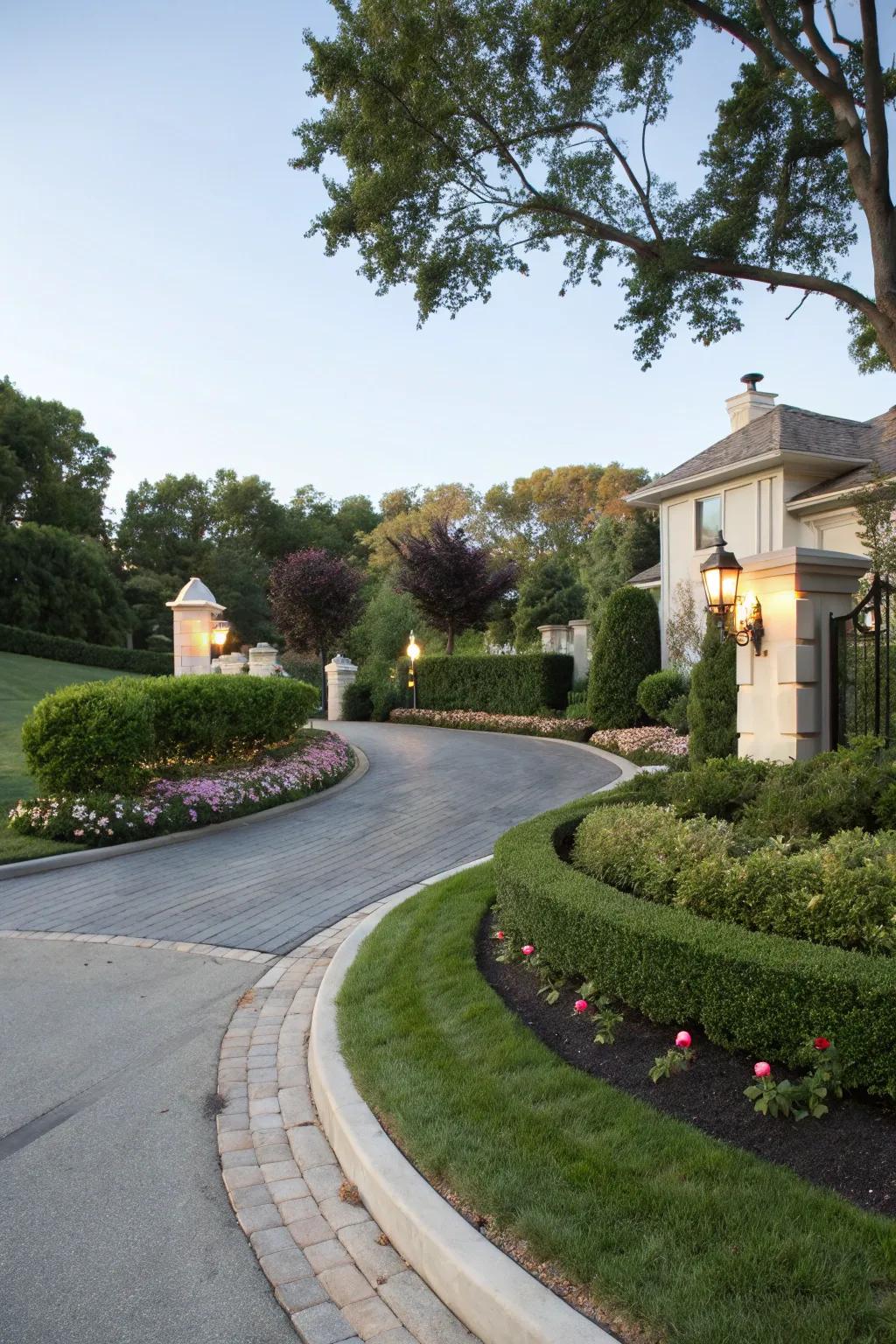 An elegant, sweeping driveway introduces grace to a corner property.