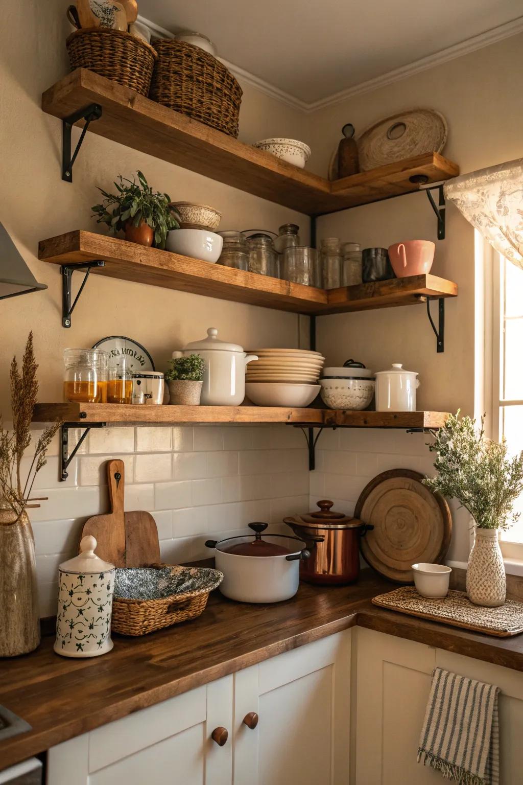 Layered wood shelves add warmth and bring cohesion to any kitchen.