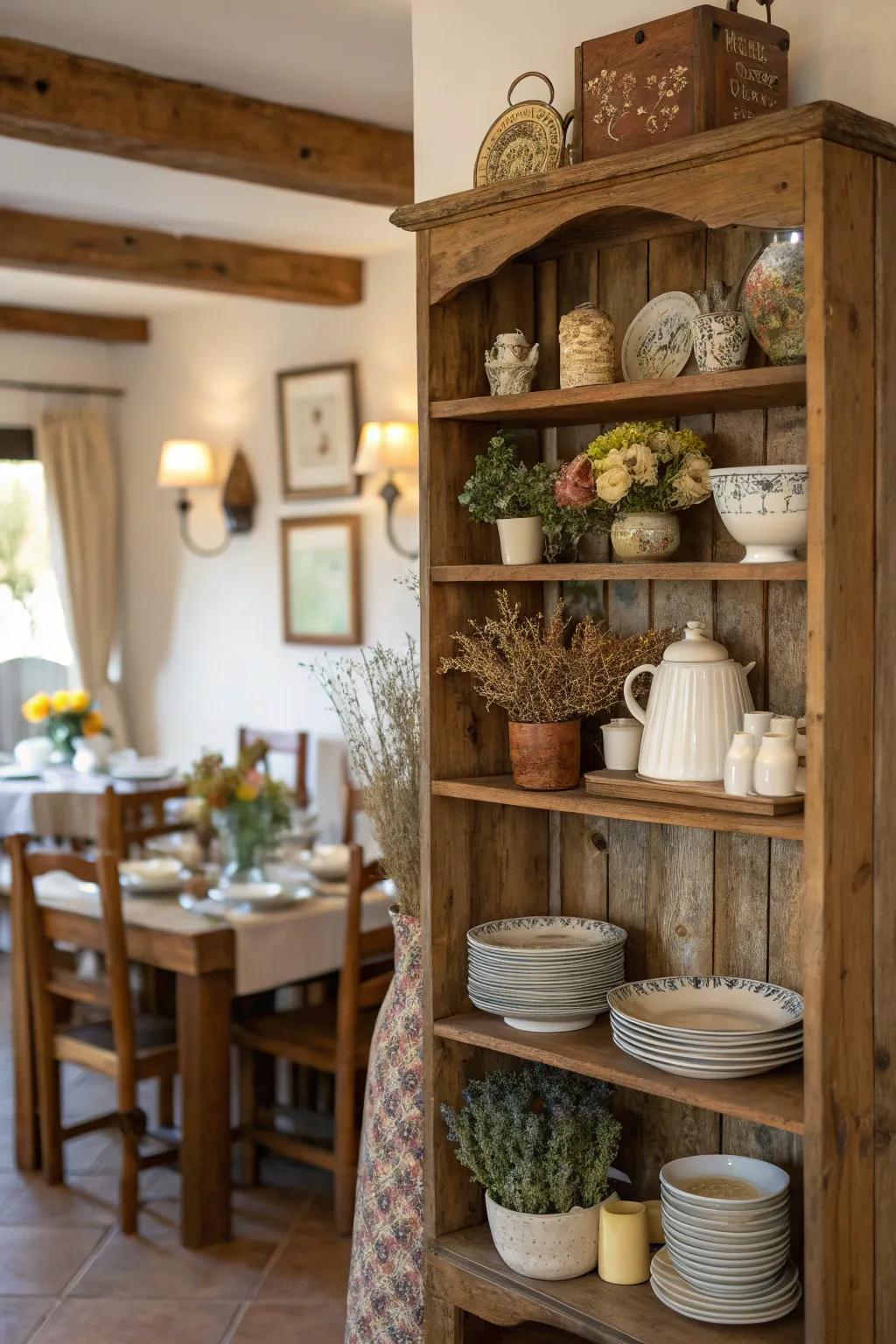 Country wooden shelves enhance any dining room with warmth and appeal.