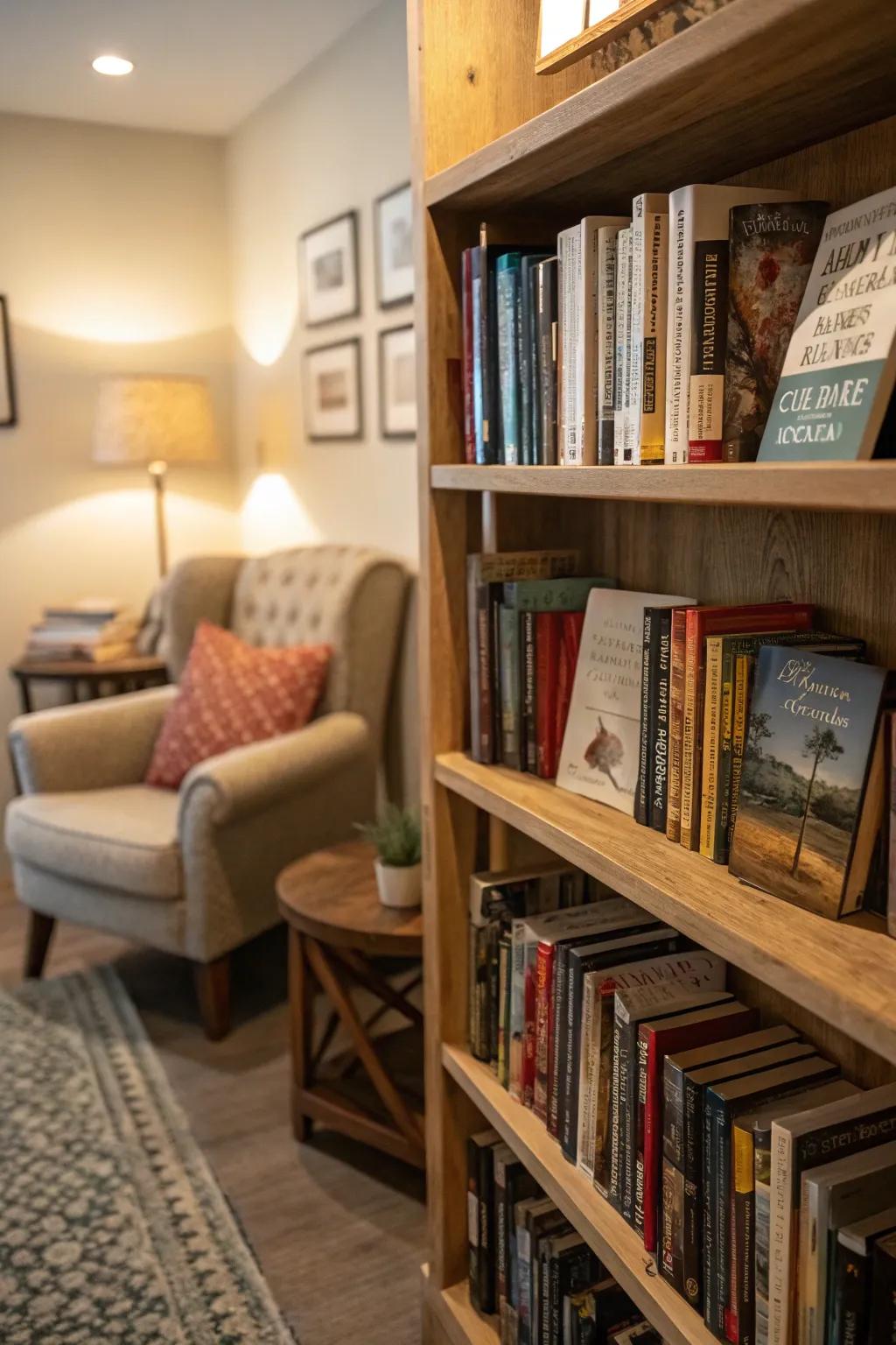 A comfortable reading corner features a corner shelf brimming with books.