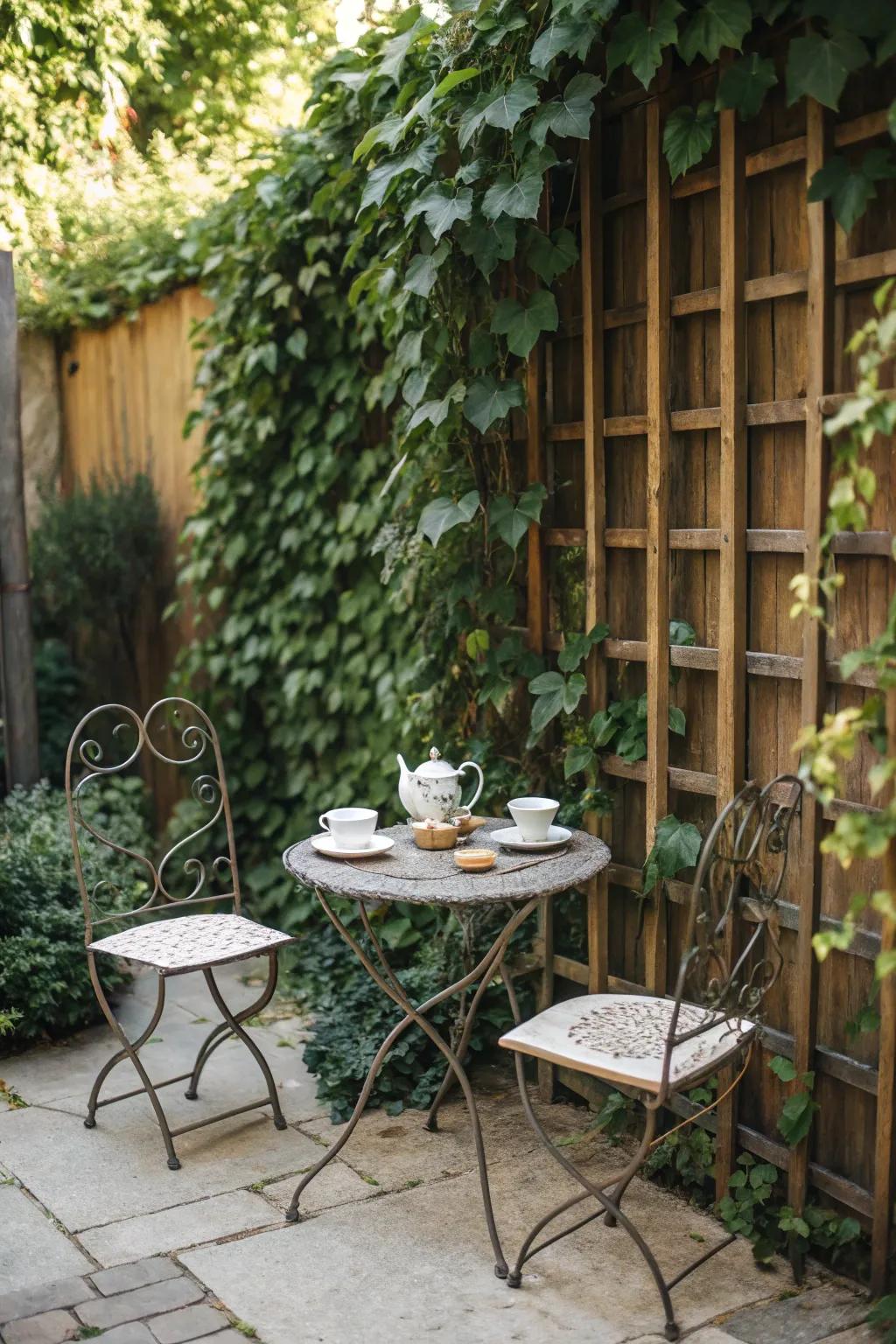 A garden nook featuring a trellis with ivy and a cozy bistro set.