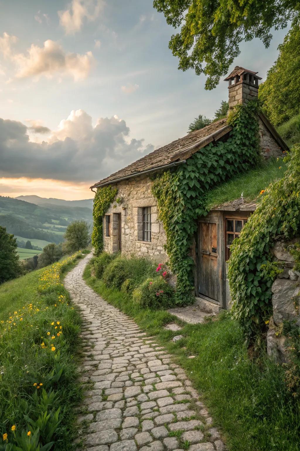 A quaint stone cottage embraced by the beauty of nature.