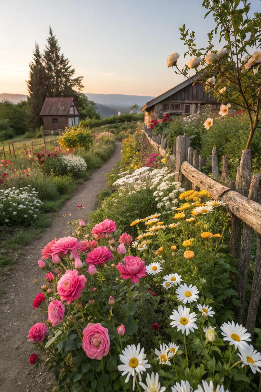 A vibrant assortment of flowers creating a kaleidoscope of colors in a cottage garden.