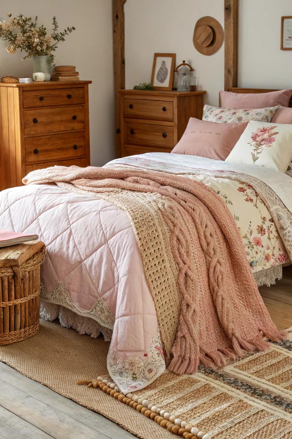Layering stitched covers and throws infuses texture and warmth into this bedroom.