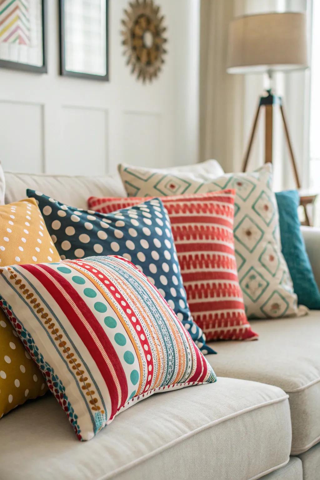 A vibrant assortment of patterned cushions enlivens the sofa.