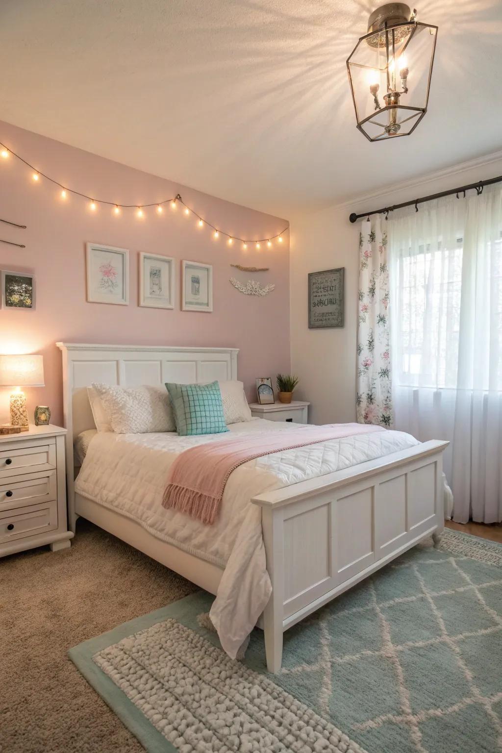A bedroom featuring soft tints creating a serene environment.