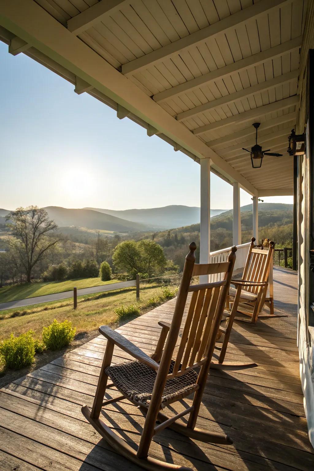 Timeless wood swingers in the soft light of a country farmhouse porch.