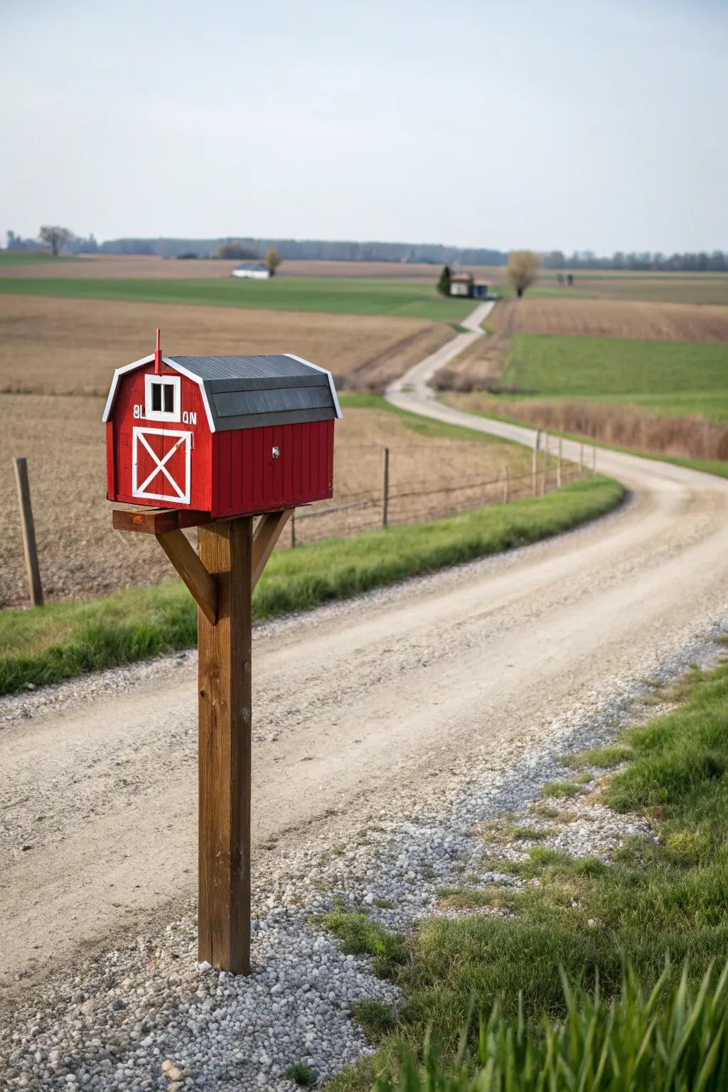 A red barn mailbox perfectly complements the rural landscape.
