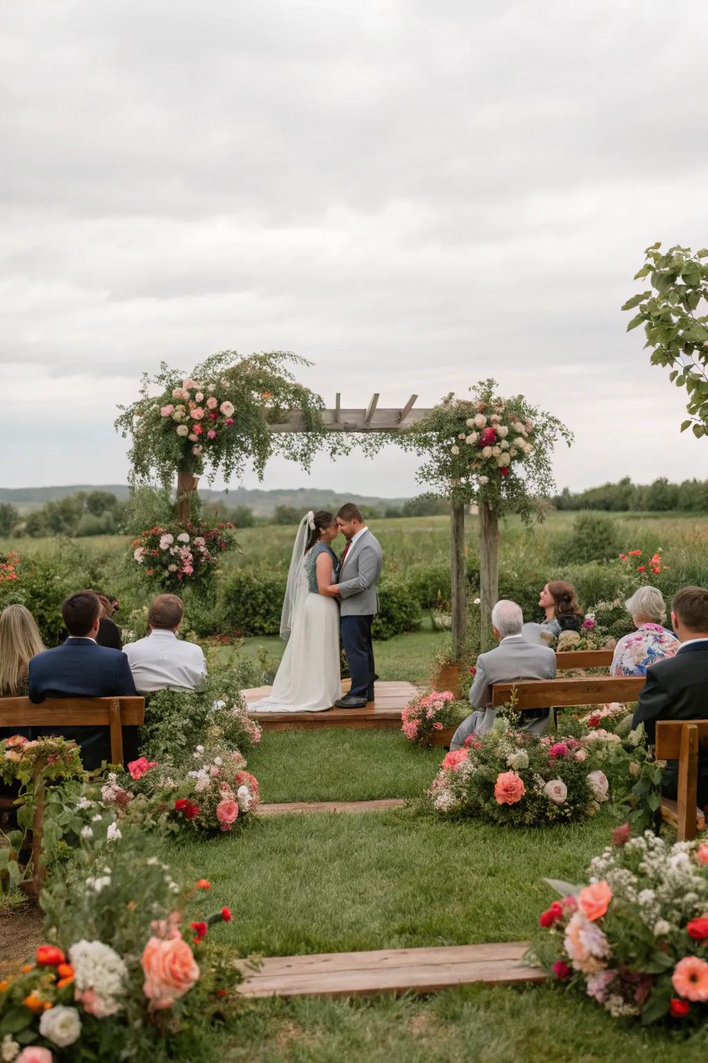 A stunning countryside wedding ceremony nestled in a vibrant garden environment.