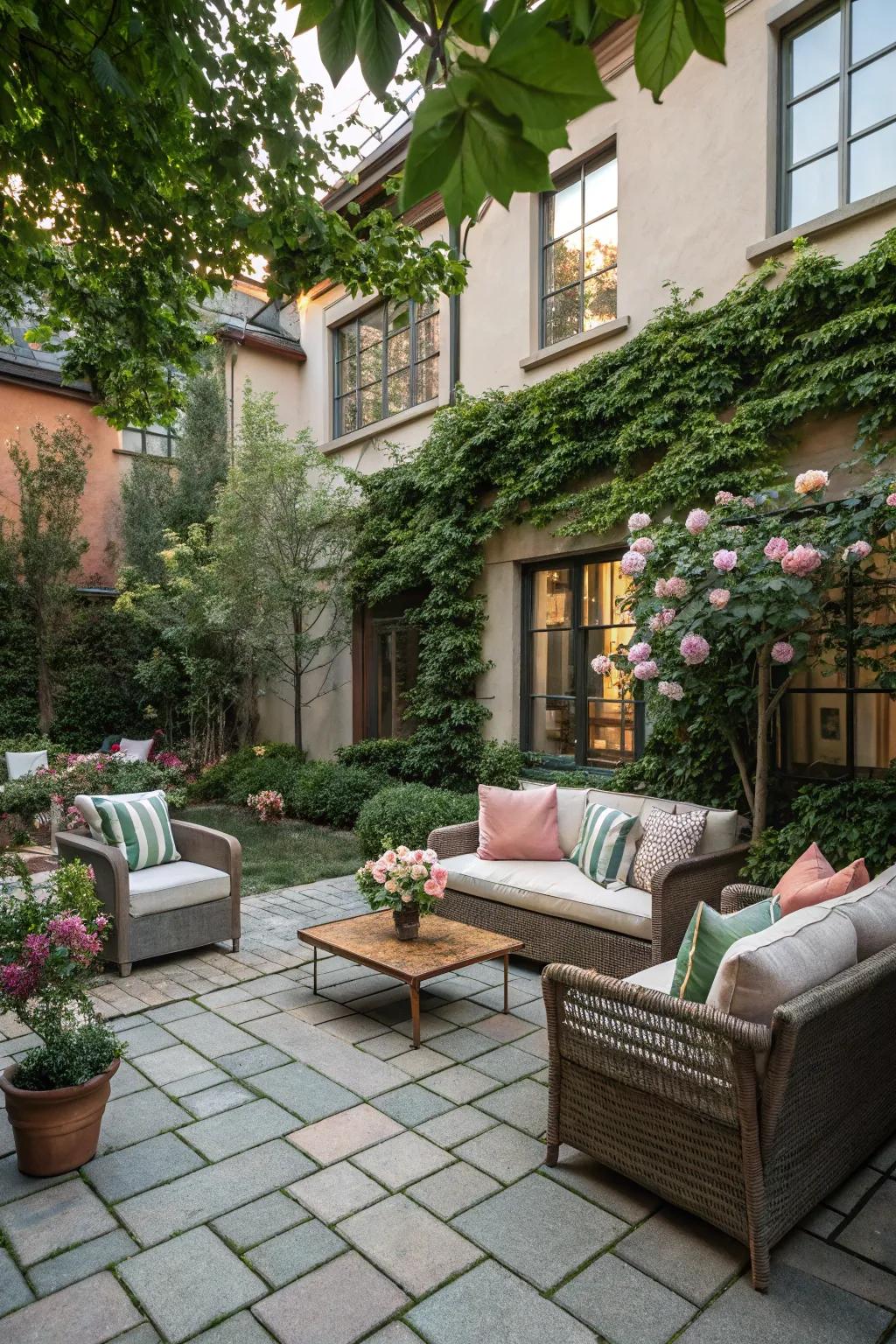 Design an inviting seating space by placing comfortable furniture on your courtyard hardscaping.