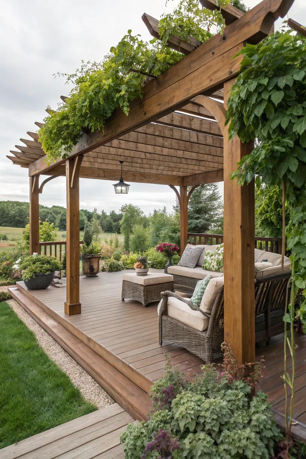 A traditional pergola provides stylish shade, creating an inviting outdoor relaxation area.
