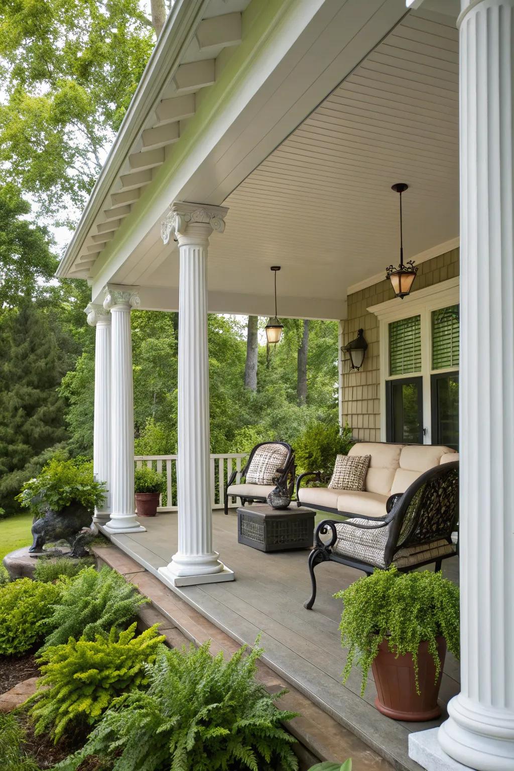 An inclined roof design offers ageless sophistication and functional shelter for your porch.