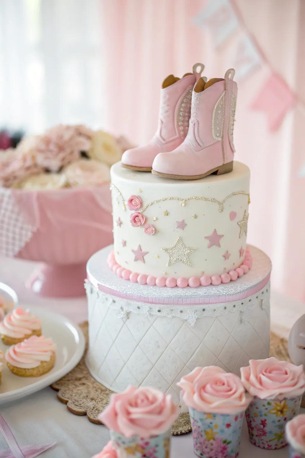 A darling cake ornamented with fondant cowgirl boots, an ideal match for a Western-themed baby shower.