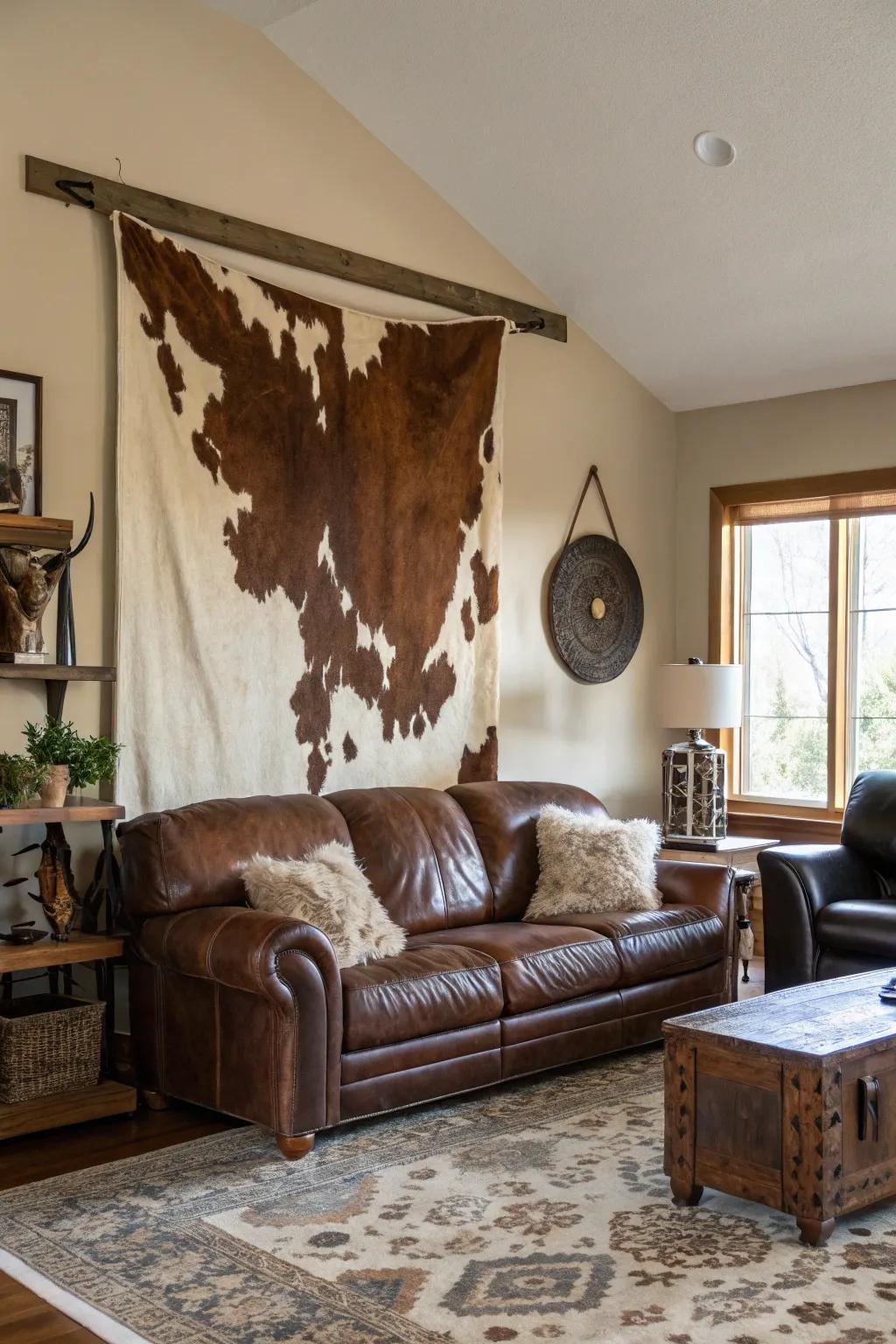 A captivating animal hide hanging serves as the focal point in an elegant living room.