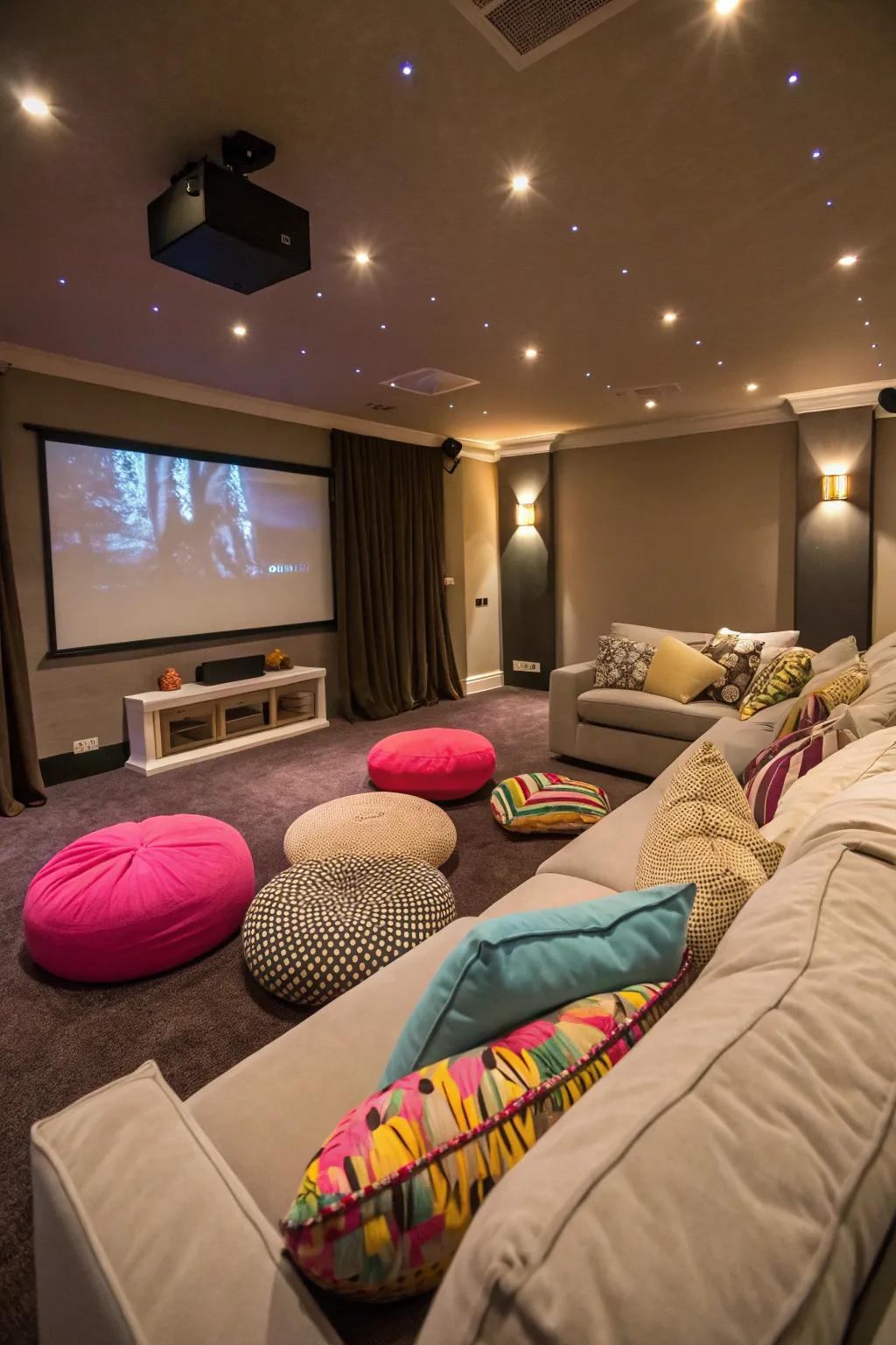 Comfy seating and floor cushions are great for a long movie session.