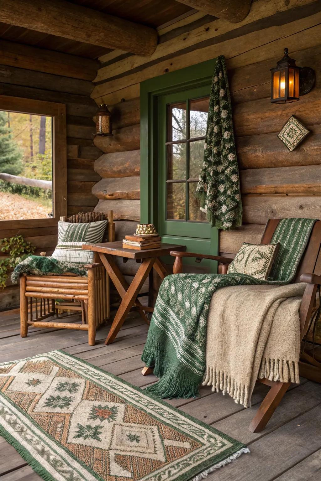 A log cabin's interior featuring earthy tones and organic textures.