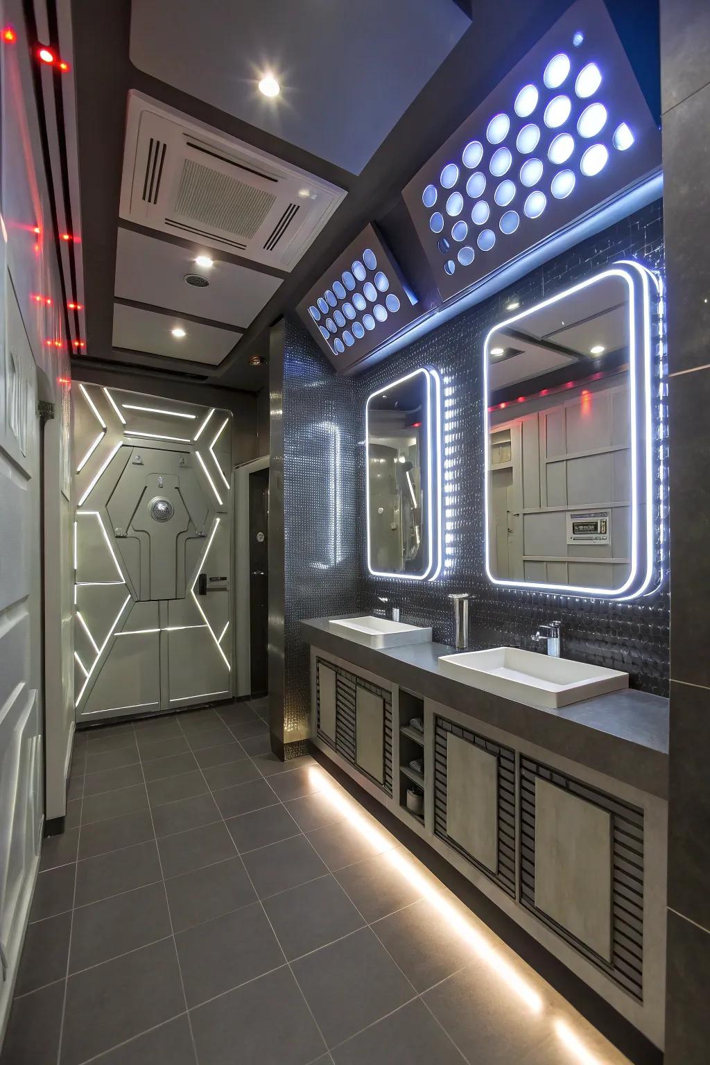 A futuristic-style bathroom featuring radiant LED lighting and sleek metallic accents.