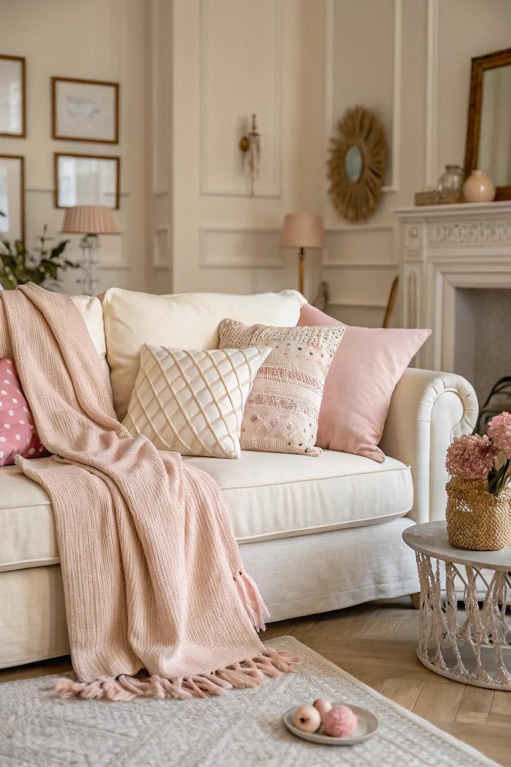 A neutral color scheme highlights the sophistication of a vanilla couch, fashioning a serene escape.