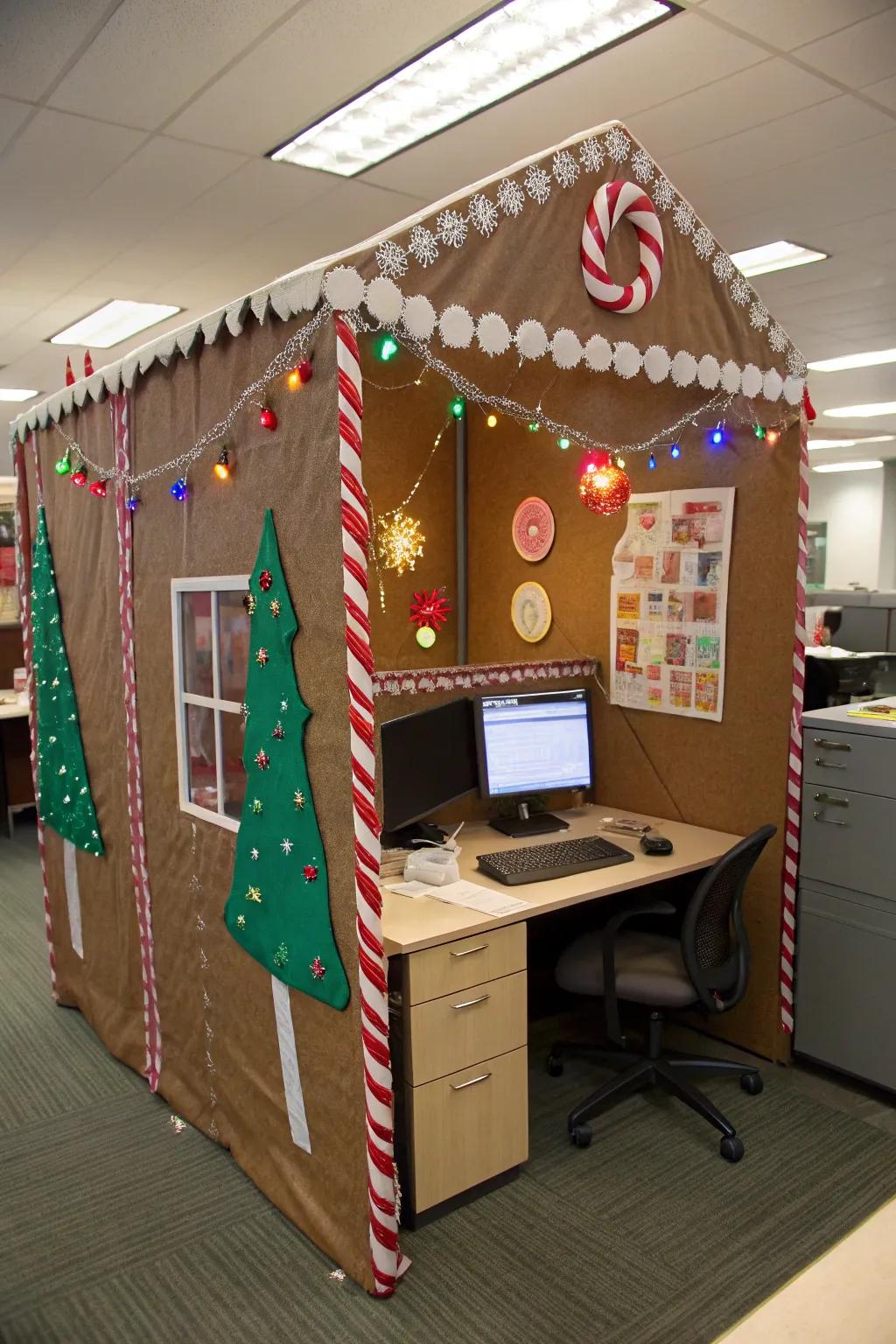 Workspace remodeled into an enchanting gingerbread house with holiday trimmings.
