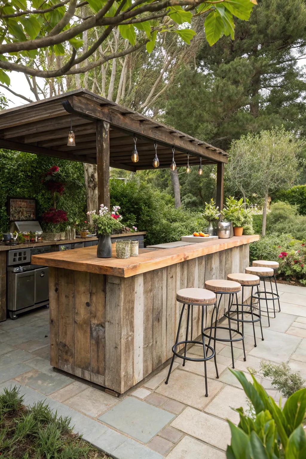 An outdoor bar exuding rustic charm, fashioned from reclaimed wood.
