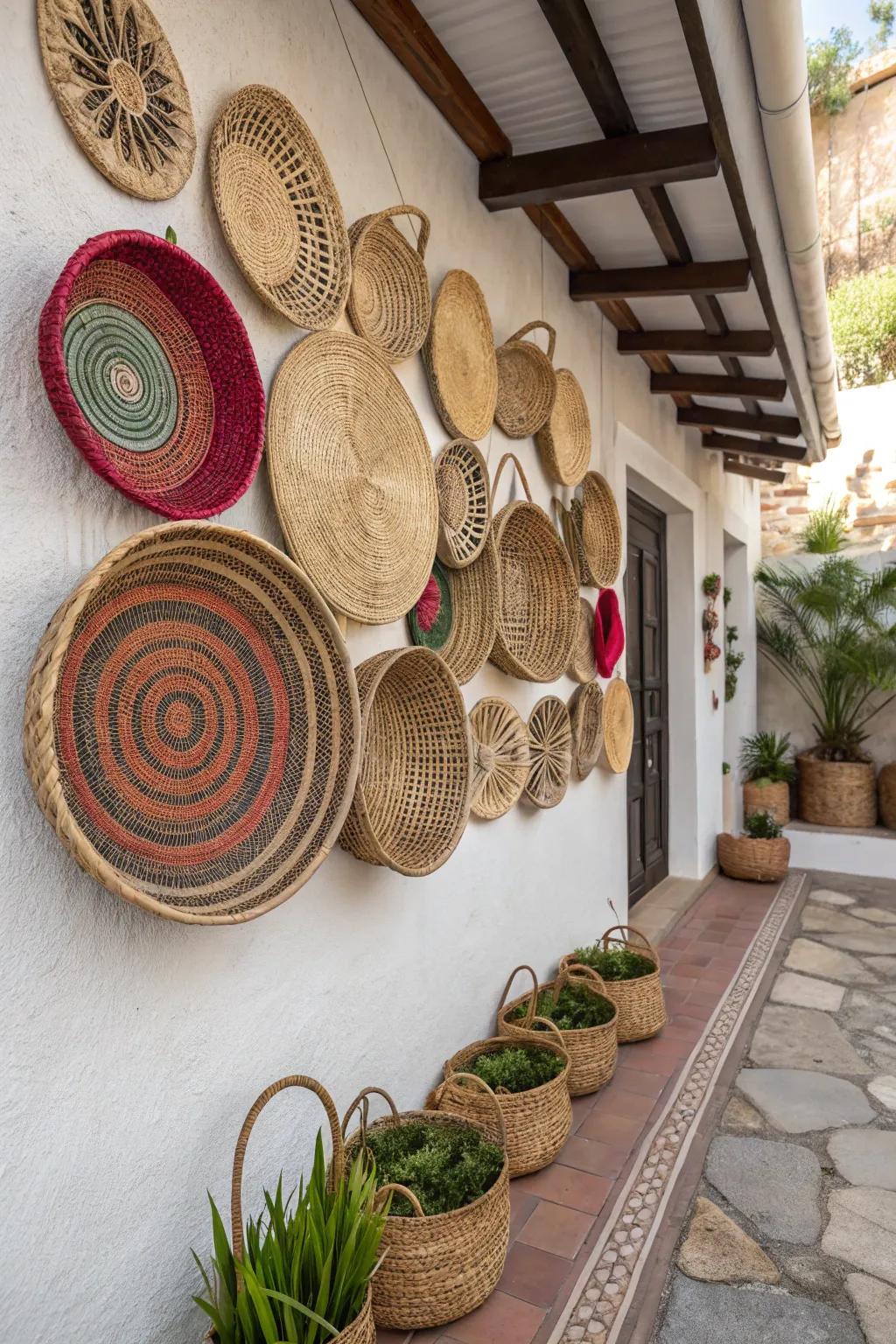 Woven vessels bring texture and appeal to this living area wall.