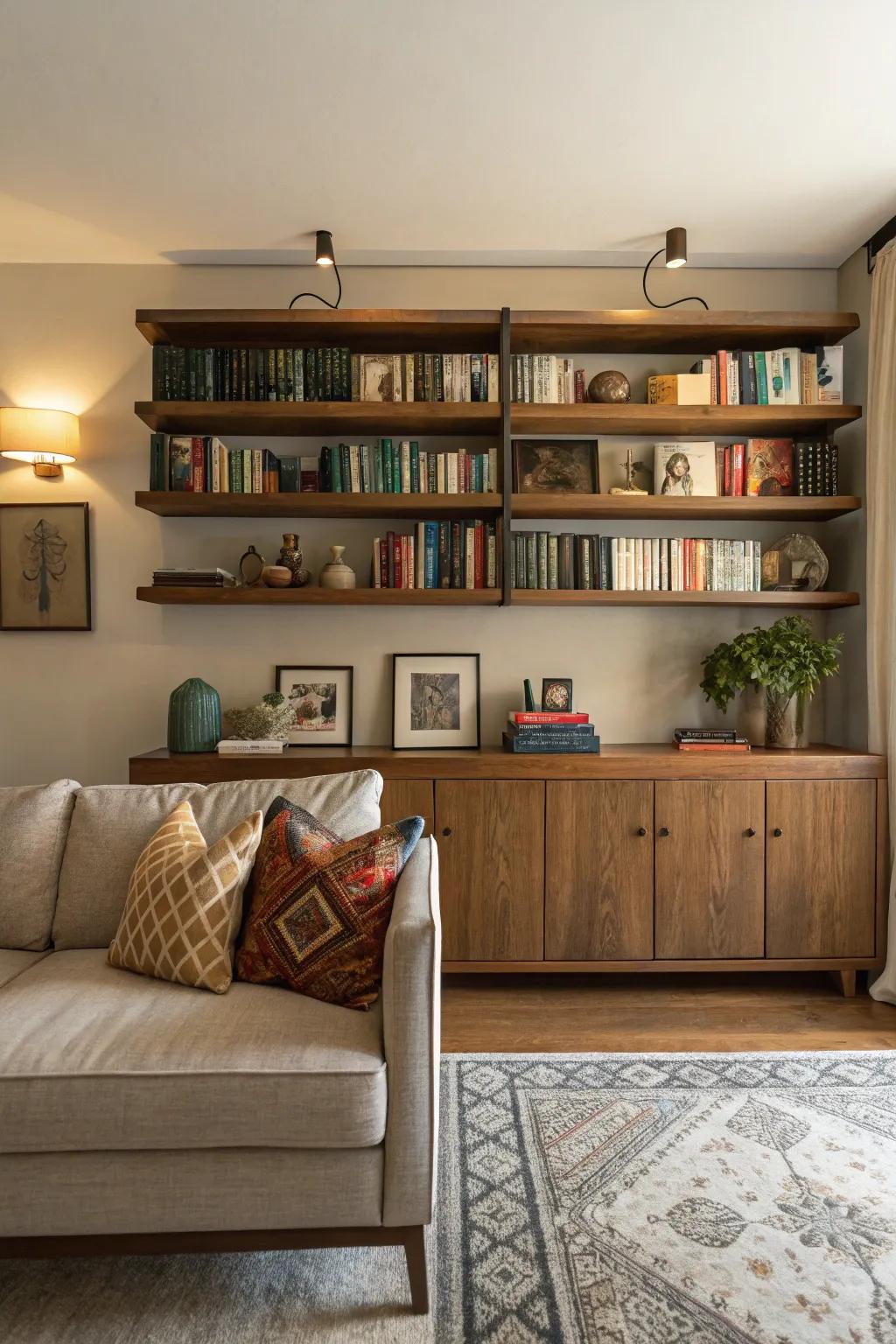 Wall-mounted shelving units positioned above a sideboard to craft an inviting reading corner.