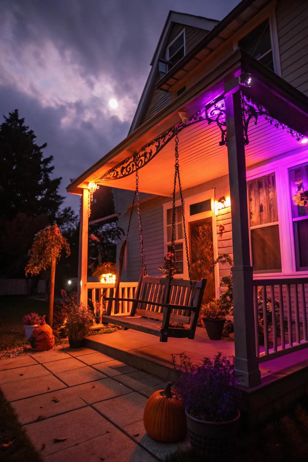 Tangerine and lavender lights establish the setting for an eerie porch.