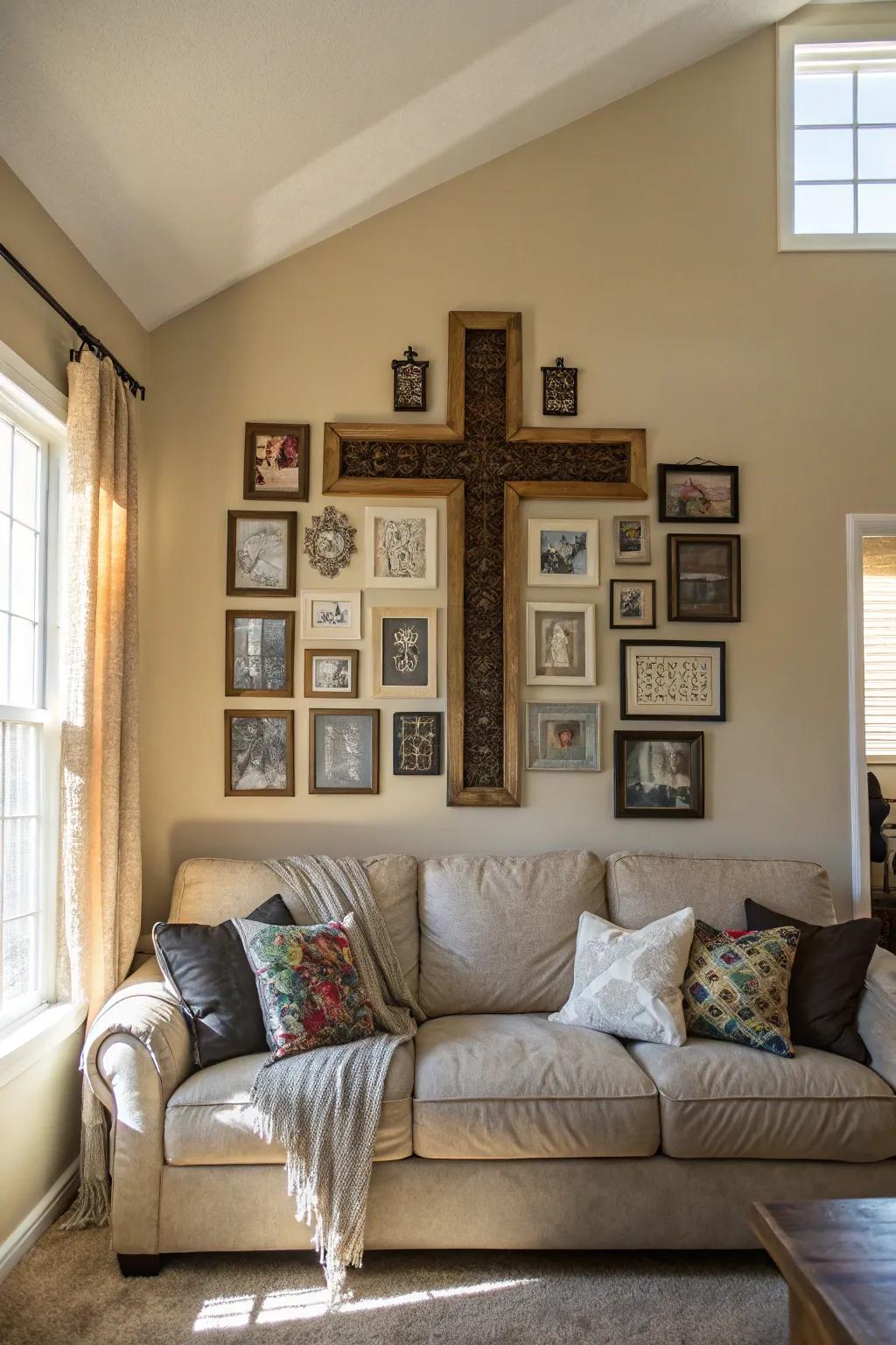 A living area showcasing a stunning arrangement of crosses elegantly displayed above the sofa.