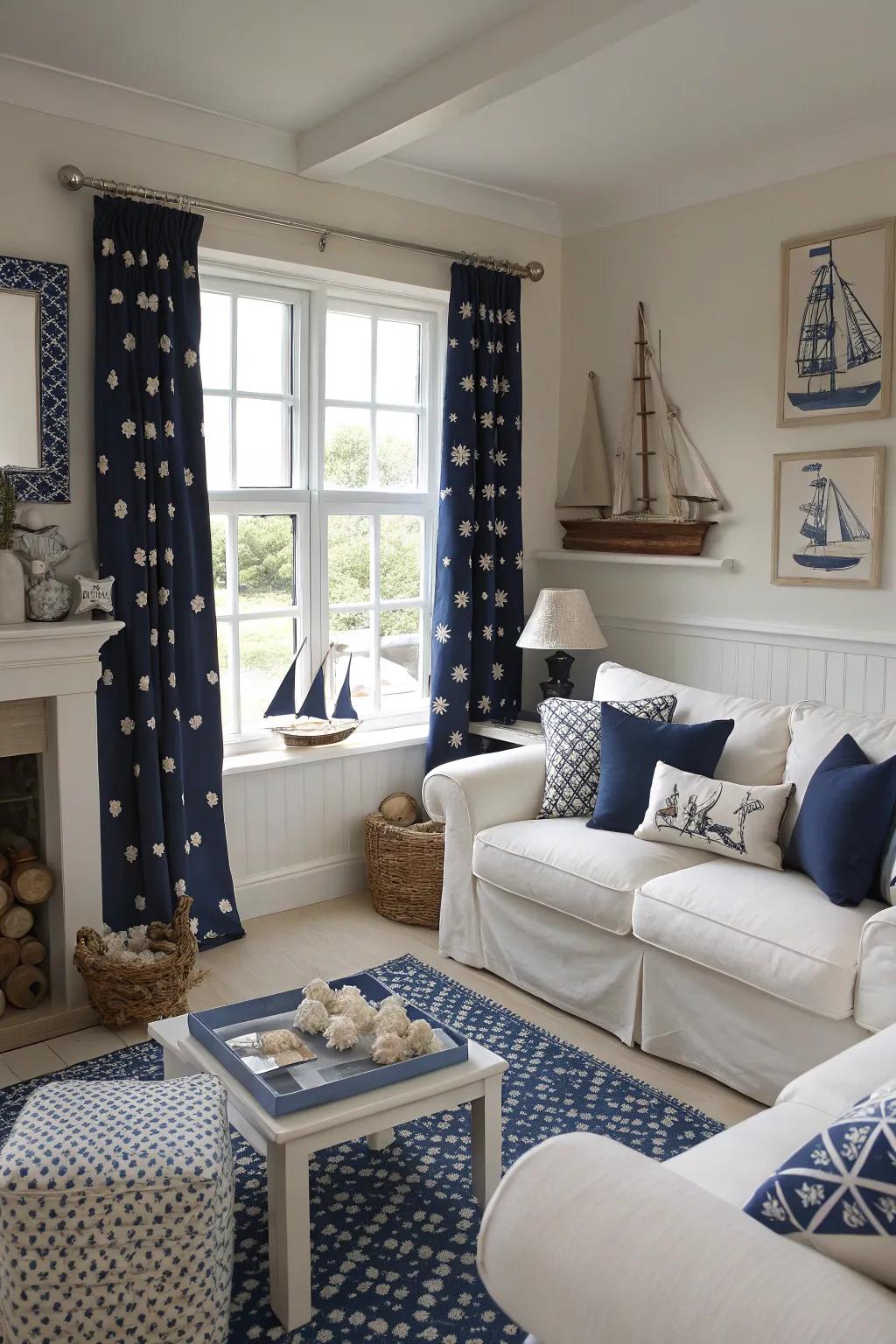 A timeless nautical look is achieved with classic navy and white.