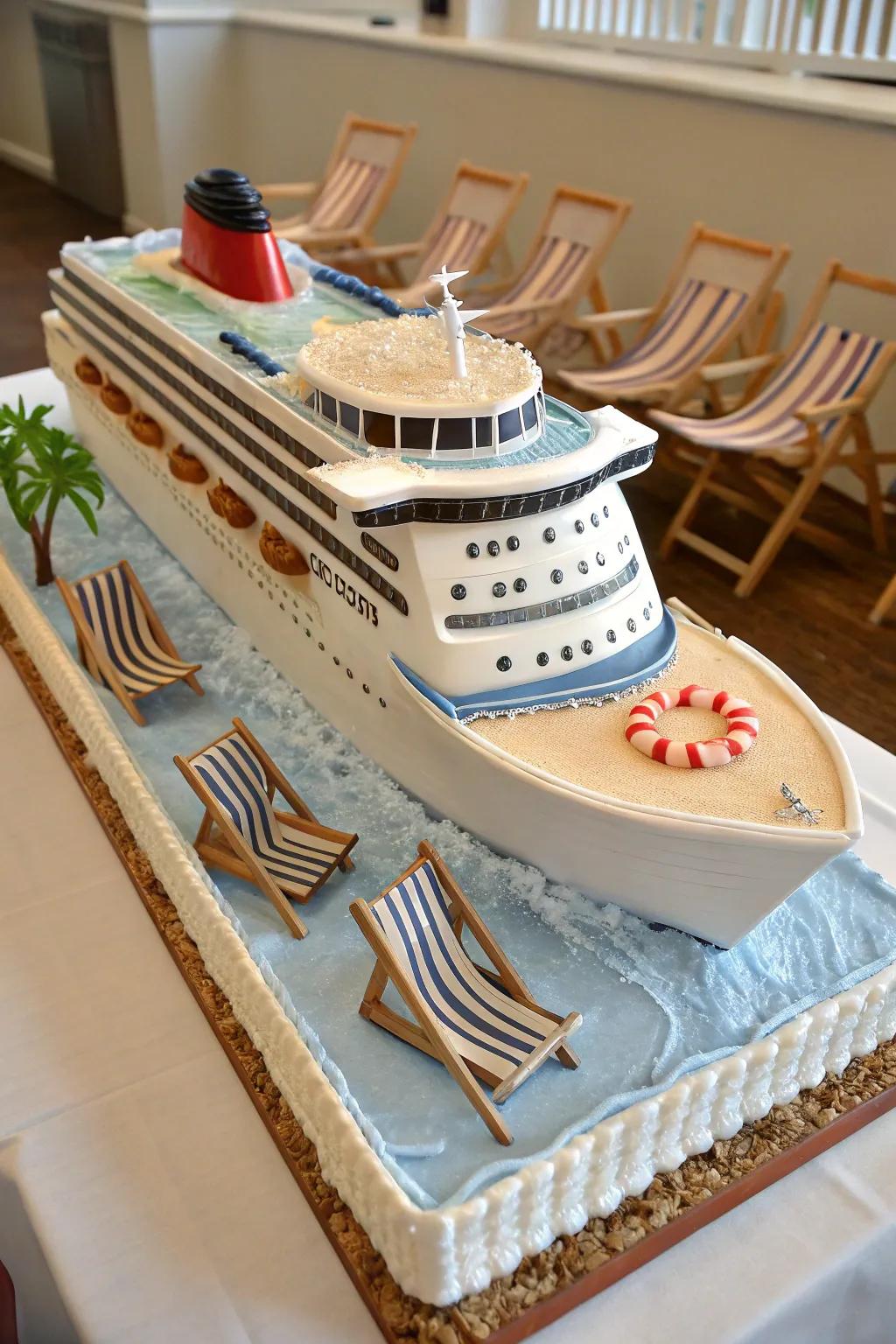 An amazing 3D cruise ship cake serves as the focal point of any gathering.